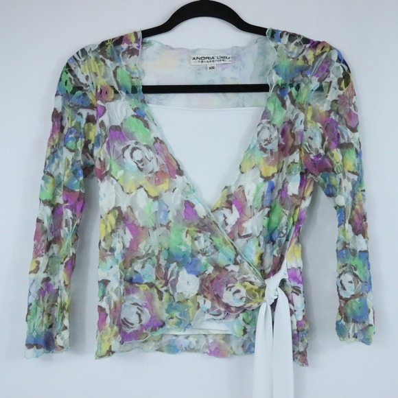 Andria Lieu Tops - Y2K Andria Lieu Multicolor Pastel Watercolor Floral Lace Wrap Top Womens Sz XS